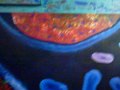 Repairing the canvas & mitochondria pizza oil painting at SS