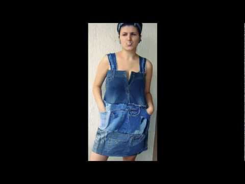 0 Jeans dress in fabric  with Upcycled unique Recycled jeans Dress denim Cloth blue 