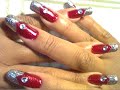 Christmas Red Silver French Diamond Nail Art