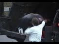 Throwing away toys, crushing them in a garbage truck