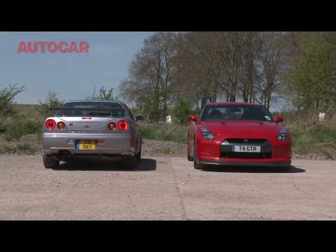 r34 - Nissan GT-R meets its ancestor, more videos hi-res pics and full details at; http://www.autocar.co.uk/CarReviews/RoadTestsHistory/Nissan-GT-R-3.8-V6-Black-Ed...