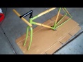 This is my 2nd bamboo bike, but instead of hemp or carbon fiber wrapping the joints, i bonded the bamboo tubing to 4130 chromoly steel lugs. I built the frame and painted it in 7 days, compared to the 30 days it took me to complete the hemp lugged frame. The frame itself weights 4lbs 12 oz
