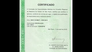 Registro de qualificação de Especialista em NEUROLOGIA, pelo Conselho Regional de Medicina (CRM). Ab