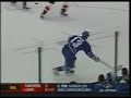 with time running down on toronto's season, mats sundin puts the team on his back to try and get them to the post season.
first period scoring -
tor, m. sundin (24) (k. wellwood, b. mccabe), 17:27 
second perdio scoring - 
tor, m. sundin (25) (k. wellwood, b. mccabe), 00:49
tor, n. antropov (11) (m. sundin, t. kaberle), 18:08 
third period scoring -
tor, m. sundin (26) (k. wellwood, b. mccabe), 03:11
tor, m. sundin (27) (n. antropov, a. berg), 11:10 
game tied, 5-5. 
overtime
tor, t. kaberle (8) (m. sundin, d. tucker), 04:49

*thanks to ao for uploading.