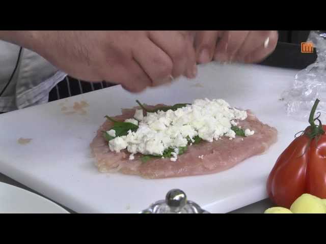 Gefülltes Hähnchenbrustfilet mit Feta an Zuckererbsen und Rosmarinkartoffeln