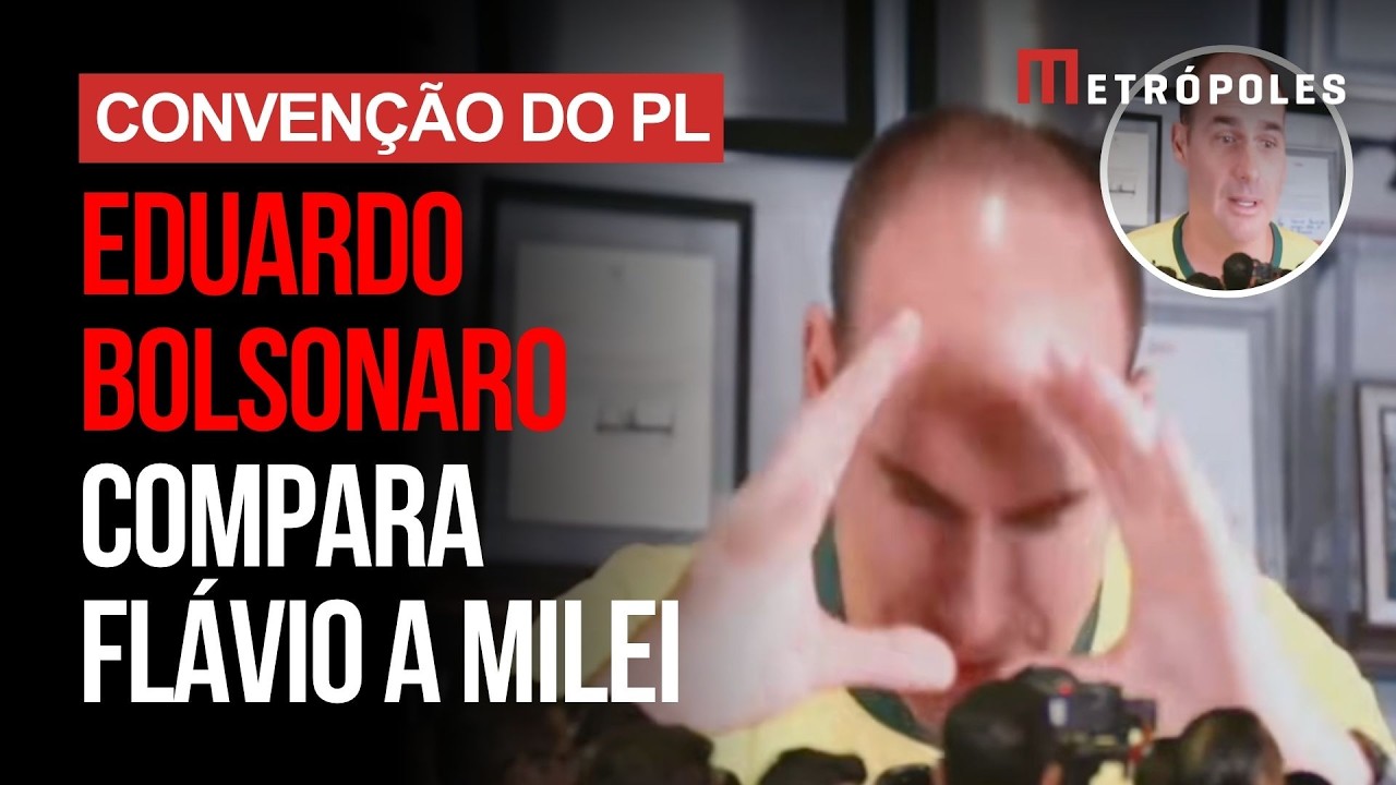 "Flávio está colocando uma mira na cabeça dele", diz Eduardo Bolsonaro em vídeo na convenção do PL