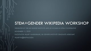 Image of slide depicting the words "STEM + Gender Wikipedia Workshop."