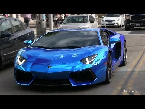 Outrageous Crazy CHROME BLUE Lamborghini Aventador driving in Beverly Hills!!