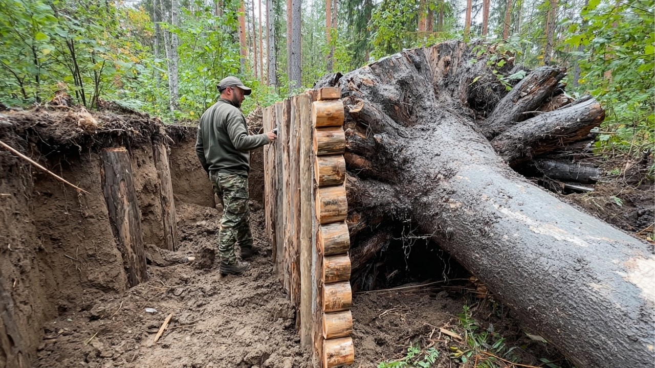Man Builds SECRET SHELTER With a HUGE TREE ON TOP | by @PolissyaBushcraft