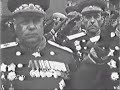 Victory Parade 1945. Speech of Zhukov and the Soviet Anthem.---Да здравствует наша победа! Слава победоносным воинам, отстоявшим честь, свободу и независимость нашей Родины! Слава великому советскому народу - народу-победителю! Слава вдохновителю и организатору нашей победы - великой партии Ленина-Сталина! Слава нашему мудрому вождю и полководцу, Маршалу Советского Союза великому Сталину! Ура!(Г. К. Жуков)