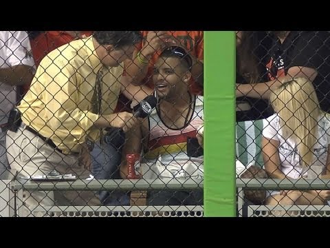 Video: Marlins' broadcast talks to pool jumper