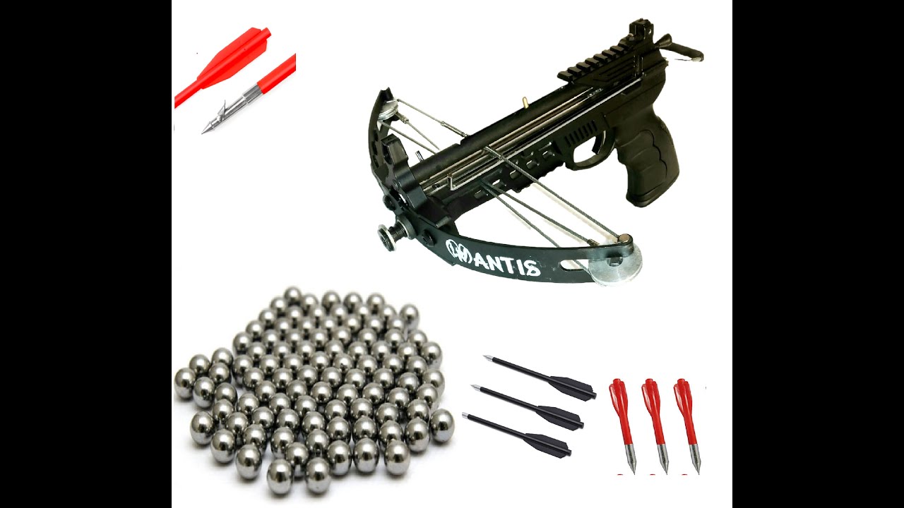 60lbs MANTIS pistol crossbow, steel balls and bolts. Includes magazine for repeating function