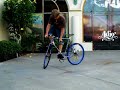 Mitch doing a trackstand at Belmont Park in Pacific Beach