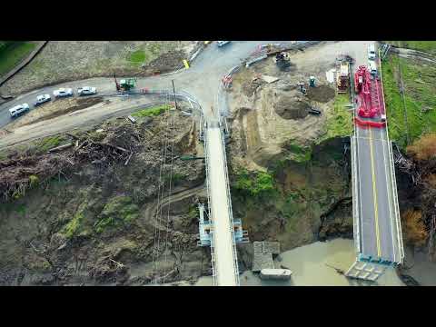 Drone vision of the SH35 Bailey bridge across the Hikuwai River