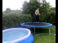 jumping into a pool from trampoline