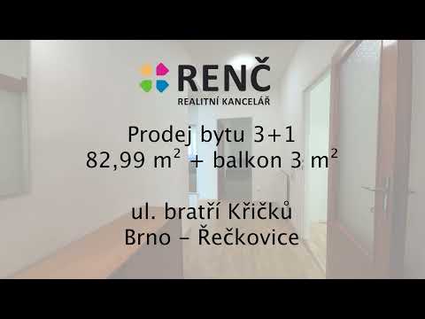 Video Prodej zděného bytu 3+1 o výměře 83 m2 s balkonem, šatnou a velkým sklepem, na ul. bratří Křičků v B