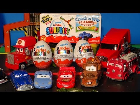 Pixar Cars, 3 Kinder Surprise Eggs delivered by Mack to Radiator Springs for Lightning McQueen birth
