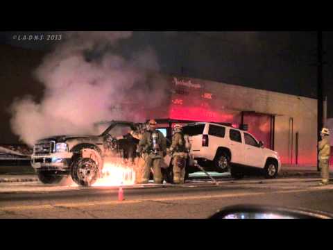 towtruck - LAFD / Los Angeles Firefighters knock down a Tow Truck on fire on Central Avenue near 12th Street. Not sure but it looks like it may have started under the d...