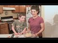 Baking chocolate chip cookies with oatmeal and toffee bits.