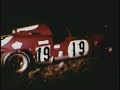 in this clip it is night and the leading ferrari 512s pits with gearbox problems. mario andretti is remarkably candid in predicting that the car will not finish the race. peter revson brings the mcqueen/revson porsche 908/02 in for a final pit stop. amazingly the car has not had to change tires or brake pads for the entire race. at the end of the clip the leading ferrari is dead on the course and the #15 porsche 917 takes the lead with the mcqueen/revson porsche in second place and the #21 giunti/vaccarella ferrari third. andretti wants to fly home for a race on sunday but the ferrari team manager makes a decision to put andretti in the third place car with orders to catch up to the other two. notice the look on giunti's face as he talks to andretti. he is not happy about being replaced in what will become the winning car.