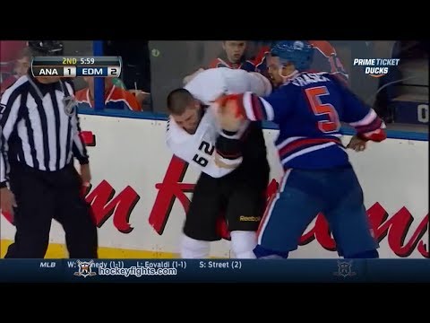 Fraser - Patrick Maroon vs Mark Fraser from the Anaheim Ducks at Edmonton Oilers game on Apr 6, 2014. via http://www.hockeyfights.com.