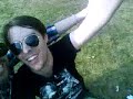 The Su Pollard Connection stand on the word in London Fields with Lindsay NoHands