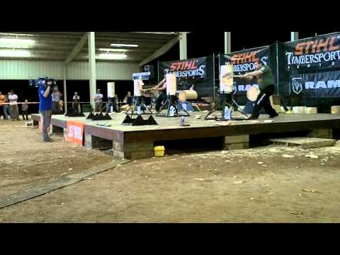 Mike Slingerland takes 2nd place in the standing block chop at the 2011 Stihl Timbersports Series southern qualifier. Matt Jones in background.