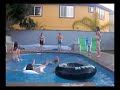 Identical twin sisters do Synchronized flips into pool