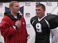 A Howard Cosell imitator talks to NCFL players before the NorCal Lawmen play the South Bay Stallions