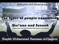 Shaykh Muhammad Ramzaan al Haajiree on the types of people concerning the Qur'aan and Sunnah in his explanation of Masaa'il al Jaahiliyyah in the 6th Dawrah ash-Shari'yyah in Dammam.The Shaykh speaks about those who reject the Qur'aan and Sunnah for something 