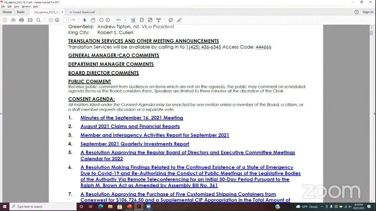 Board of Directors Meeting 10.21.21