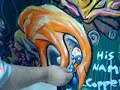 using light blue pastel to add shadow and contrast to the painted orange hair of character in the broken vulture art painting, krustayn versus mecha-sasquatch.