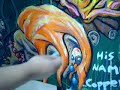 using light blue pastel to add shadow and contrast to the painted orange hair of character in the broken vulture art painting, krustayn versus mecha-sasquatch.