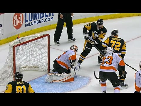 Video: Letang hits Crosby for perfect re-direct to get Penguins OT winner over Flyers