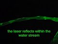 A 532nm, 50mW laser is shot through a stream of water. The amazing fiber optic internal reflective properties of water is exposed.