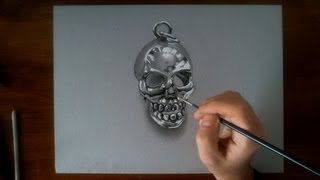 Crazy drawing illusion 3d - the metal skull HD video speed painting