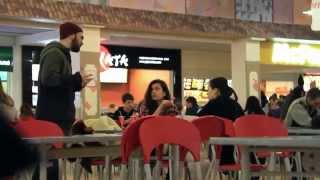 Guy gets hit in the nuts next to two hot girls at the mall