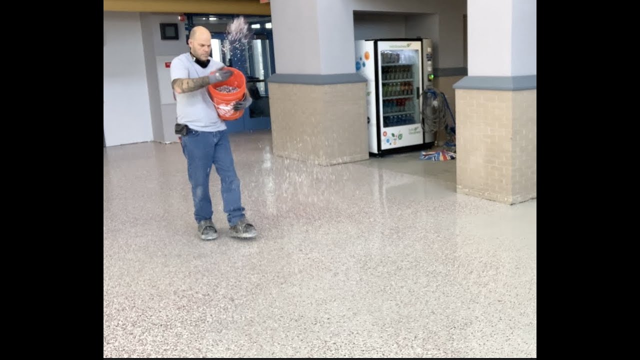 Commercial Epoxy Flake Floor pt 2 of 4 Build Coat And Flake Broadcast