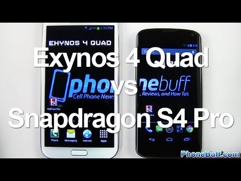 exynos - Article: http://www.phonebuff.com/2013/02/samsung-exynos-4-quad-vs-qualcomm-snapdragon-s4-pro/ We test the Exynos 4 Quad vs. Snapdragon S4 Pro to see which q...