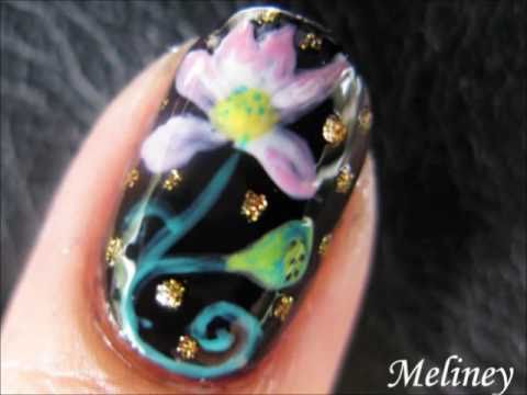 Flower Nail Art Design – Water Lily Nails Tutorial Lotus Midnight for Short Nails hand painted DIY