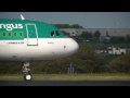 full closeup super fine hd footage of aer lingus airbus a320-214 (registration : ei-dvl ; serial no. : 4678) lining up and taking off from a damp runway 35 at cork airport, ireland.(airport code : ork) the destination of this flight was london heathrow airport, england (airport code : lhr) and it was operating flight number ei722 (callsign : 