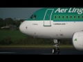 full closeup super fine hd footage of aer lingus airbus a320-214 (registration : ei-dvl ; serial no. : 4678) lining up and taking off from a damp runway 35 at cork airport, ireland.(airport code : ork) the destination of this flight was london heathrow airport, england (airport code : lhr) and it was operating flight number ei722 (callsign : 