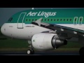full closeup super fine hd footage of aer lingus airbus a320-214 (registration : ei-dvl ; serial no. : 4678) lining up and taking off from a damp runway 35 at cork airport, ireland.(airport code : ork) the destination of this flight was london heathrow airport, england (airport code : lhr) and it was operating flight number ei722 (callsign : 