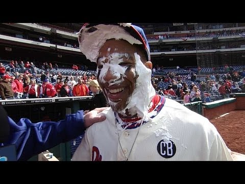 Revere discusses winning hit, gets pied