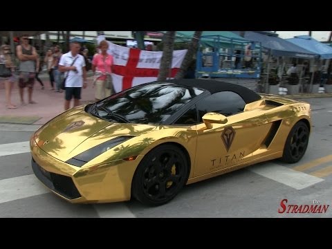 Chrome Gold Lamborghini Gallardo accelerating in South Beach!