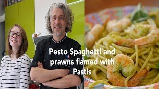 Pesto Pasta and prawns flamed with Pastis Recipe