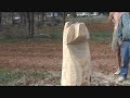A video of a bear being carved out of a tree stump by a chainsaw.