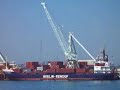 Dockside cranes unload then load containers Dockside cranes unload then load containers