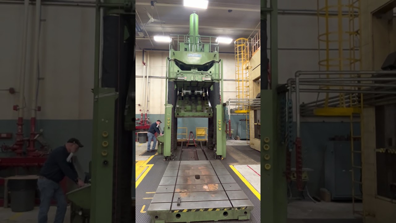 224 Ton Reis 4 Post Hydraulic Spotting Press, Model TUS-180 OK-200, 71" x 98" Roll Out Table, Tilt Down Ram, 106" STR, 118" DLO, 1994