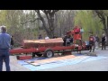 Peter Nyberg of CT Logs to Lumber, LLC brought his portable sawmill to Centerbrook Architecture recently to demonstrate how raw timber – wherever it may lie, bark and all – can be turned into boards and beams for buildings. He set up his mobile mill in 20 minutes, and in less than two hours he reduced two sizable red oak trunks (courtesy of local arborist Town Burns) into roughly 500 board feet of useable lumber – plus “waste” slabs for my wood stove.